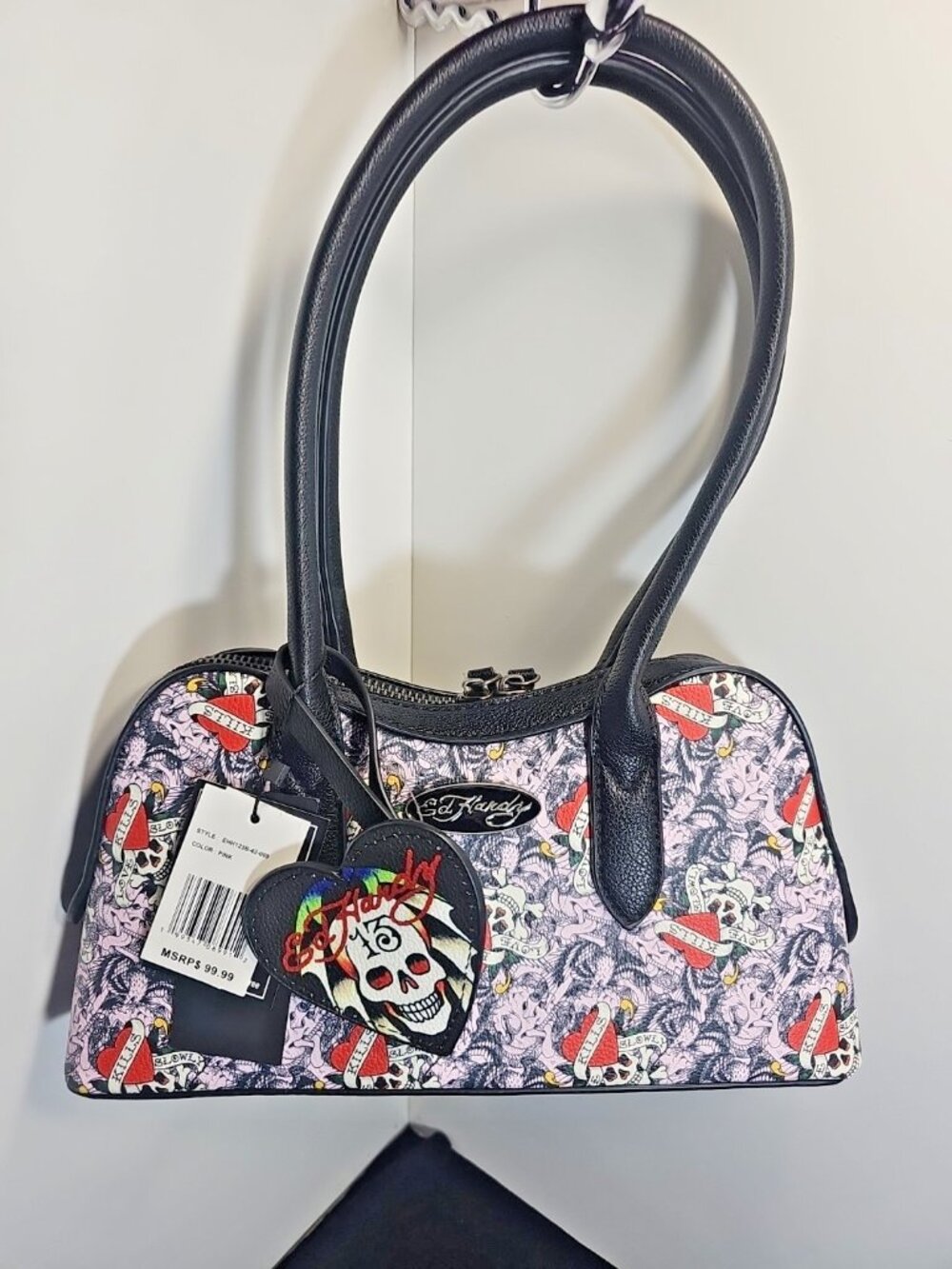 Ed Hardy EHH123B-42-009 “Love Kills Slowly” Satchel Bag -Tattoo Print Pink